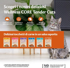 Wellness CORE Tender Cuts 6 x 85g, Mix Selecție de Pui – Hrană umedă pentru pisici, bucăți fragede în sos, fără cereale, naturală, hipoalergenică, bogată în proteine, conținut ridicat de carne