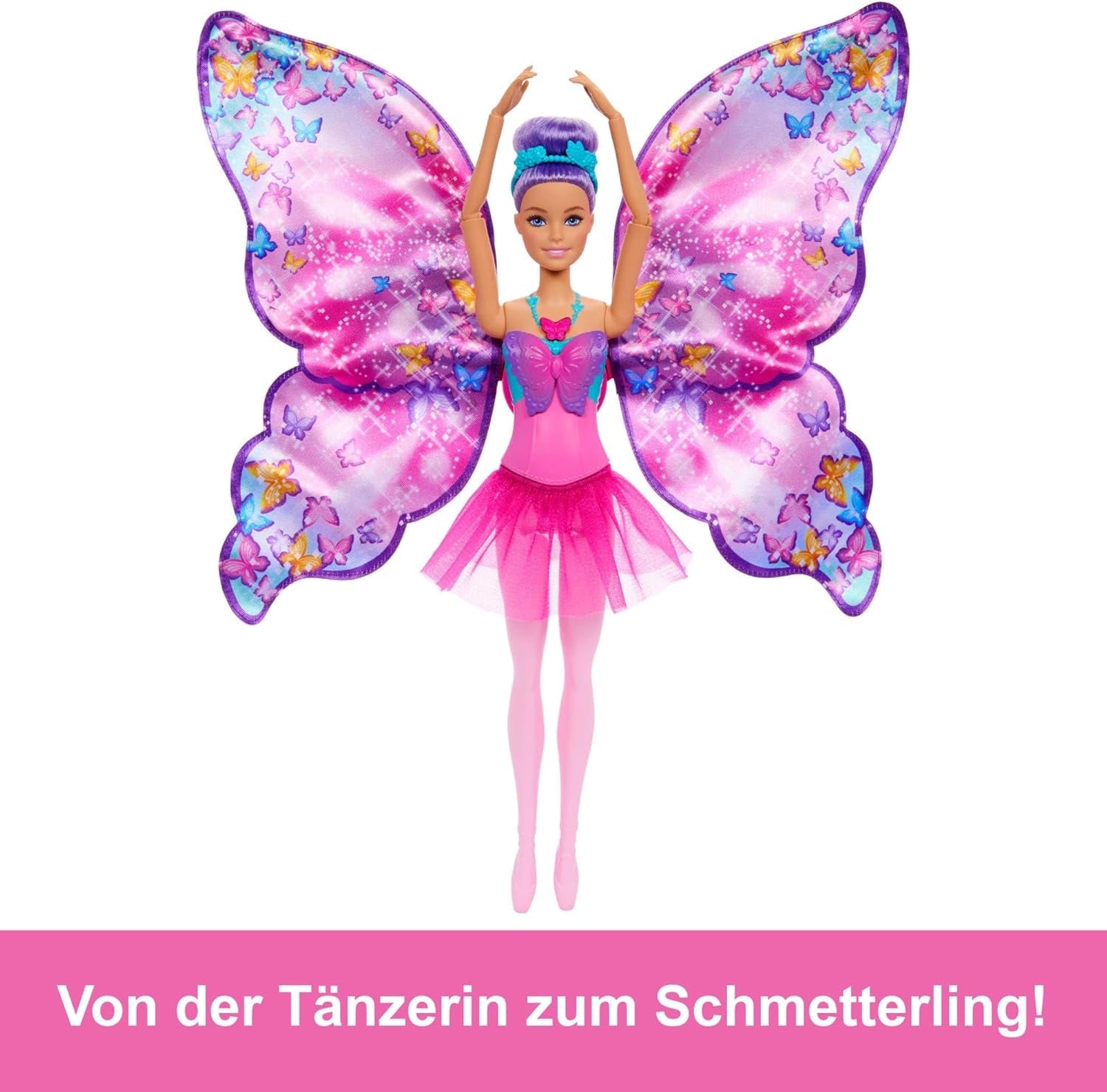 Păpușă Barbie Dansatoare și Fluture cu transformare 2 în 1 din Dansatoare în Fluture cu Aripi care se Deschid, Păr Mov, Accesorii de Păr și Tutu Detașabil, HXJ10