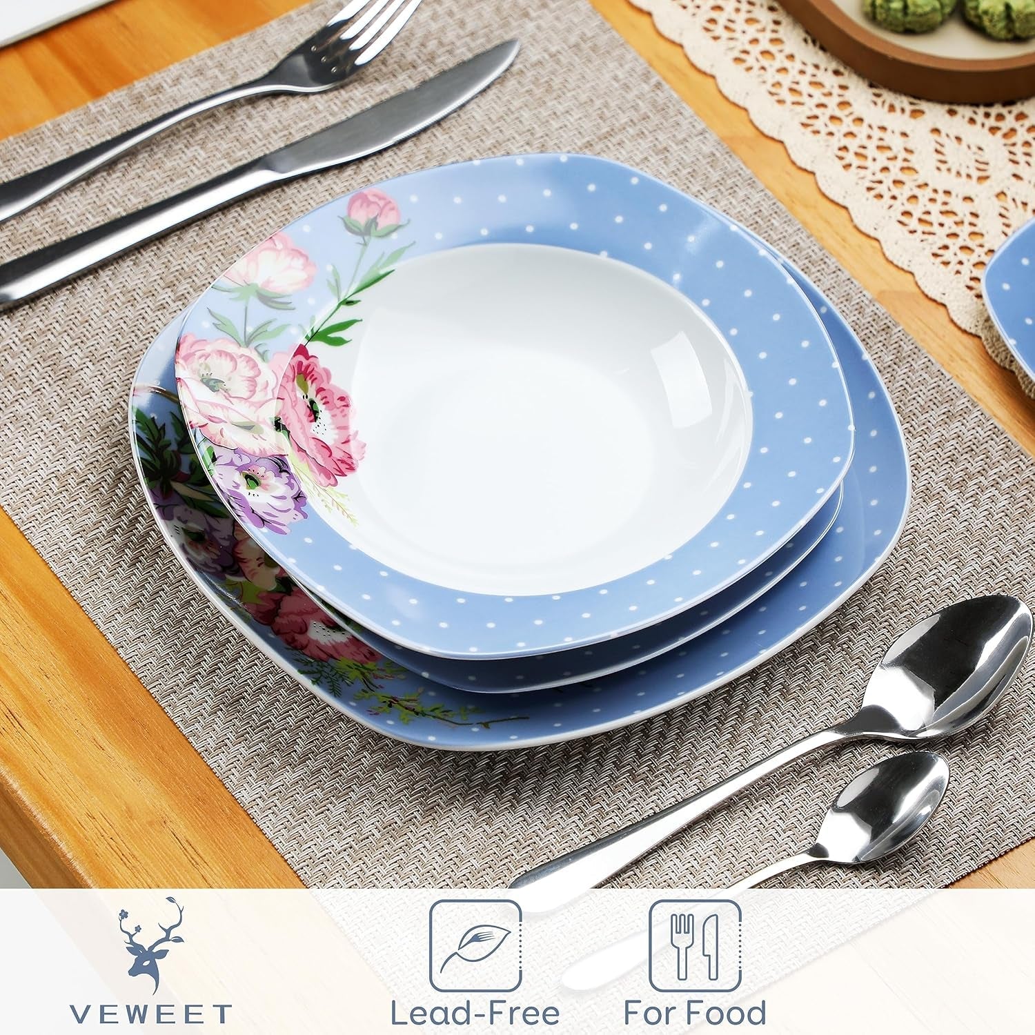 Set de veselă combinat din porțelan VEWEET, set de veselă de 30 de piese pentru 4-12 persoane, seria „Hannah”, format din farfurii de cină, farfurii de desert, farfurii de supă, cești de cafea și farfurioare