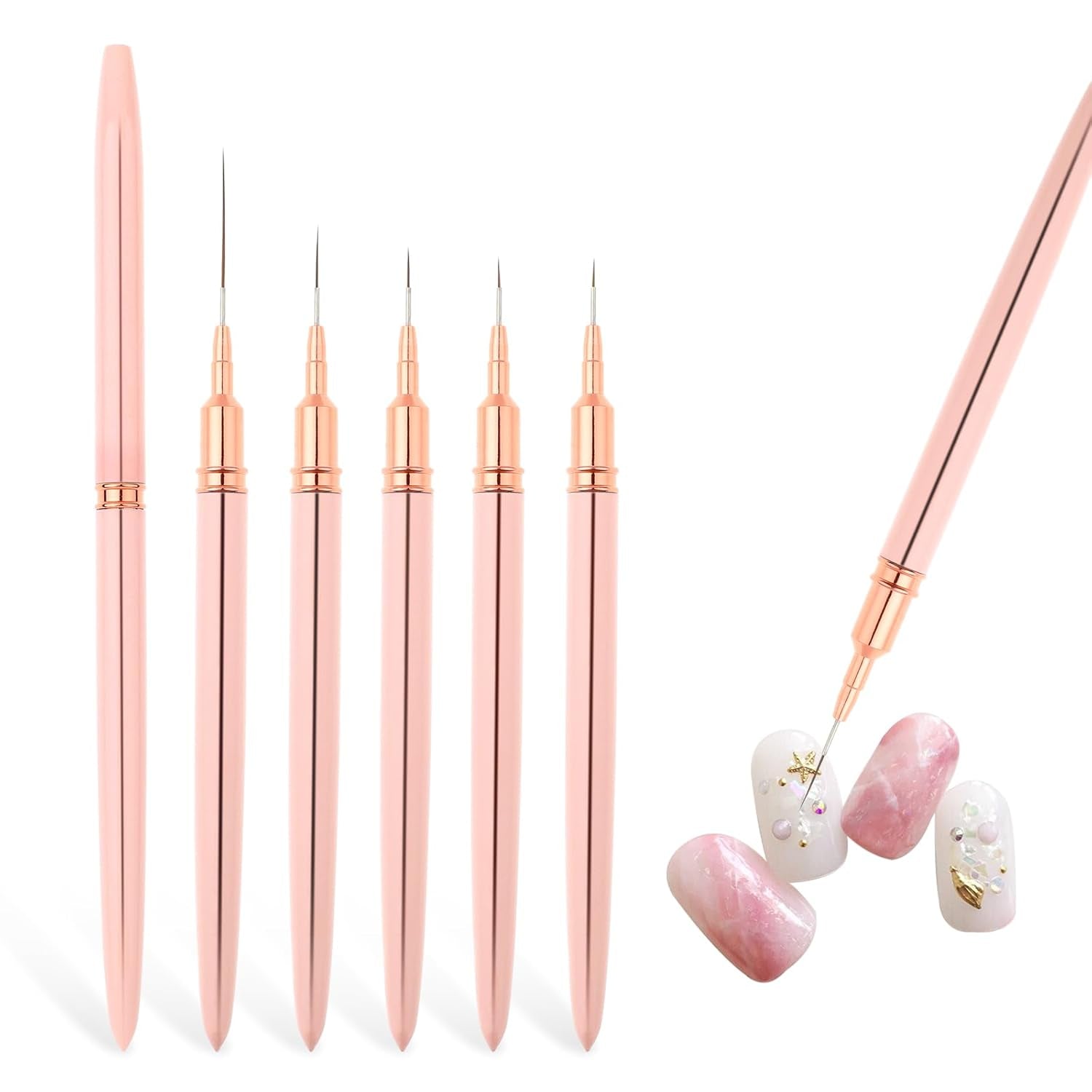 Nail Art Liner-Pinsel 5-Teiliges Gel-Nagellack-Malerei-Nagel-Punkt-Zeichnungs-Werkzeug Für Lange Linien Kunst-Design-Stift-Set Metallgriff Nail-Art-Design-Pinsel Für Frauen