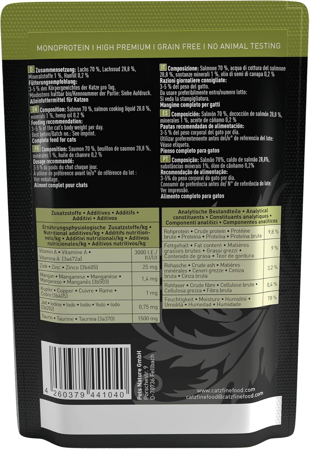 Hrană umedă pentru pisici Catz Finefood Purrrr cu monoproteină și somon nr. 105, pentru pisici cu digestie sensibilă, 16 x 80 g