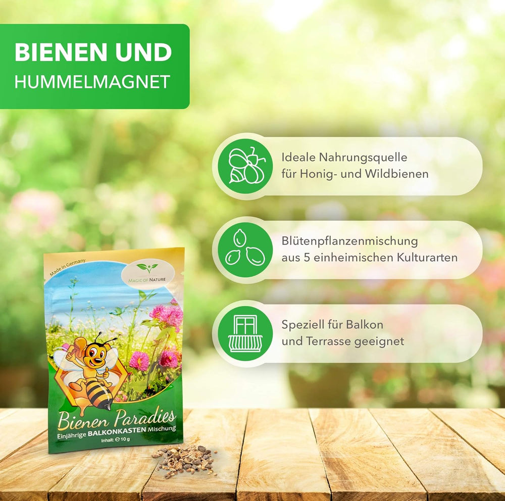 Mix pentru cutii de balcon Magic of Nature - Semințe de 10 g - Plante prietenoase cu albinele - Ușor de utilizat - Paradisul albinelor - 5 specii cultivate native - Potrivit pentru cutii de flori și jardiniere