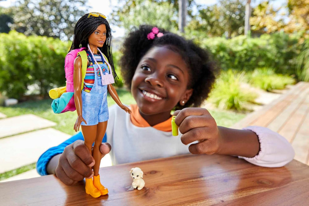 Păpușă Barbie HDF74 Twin Pack! Păpușă Brooklyn Camping (brunetă cu codițe împletite, aprox. 29 cm) cu cățeluș, rucsac, sac de dormit, 10 accesorii de camping, cadou pentru copii cu vârsta de 3 ani și peste