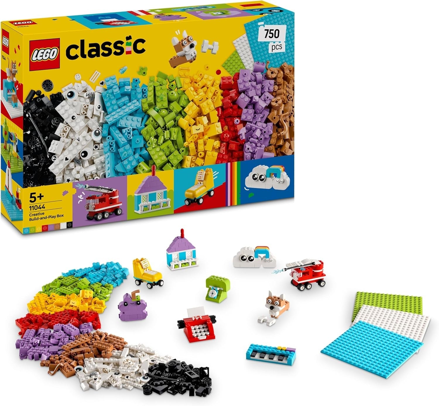 LEGO Classic Creative Build-and-Play Box - Colourful Bricks Set - Build a House, Dog, Fire Engine Toy, Piano Keyboard, Clouds & Rainbow - Arts and Crafts Kit for 5+ Year Old Boys & Girls - 11044