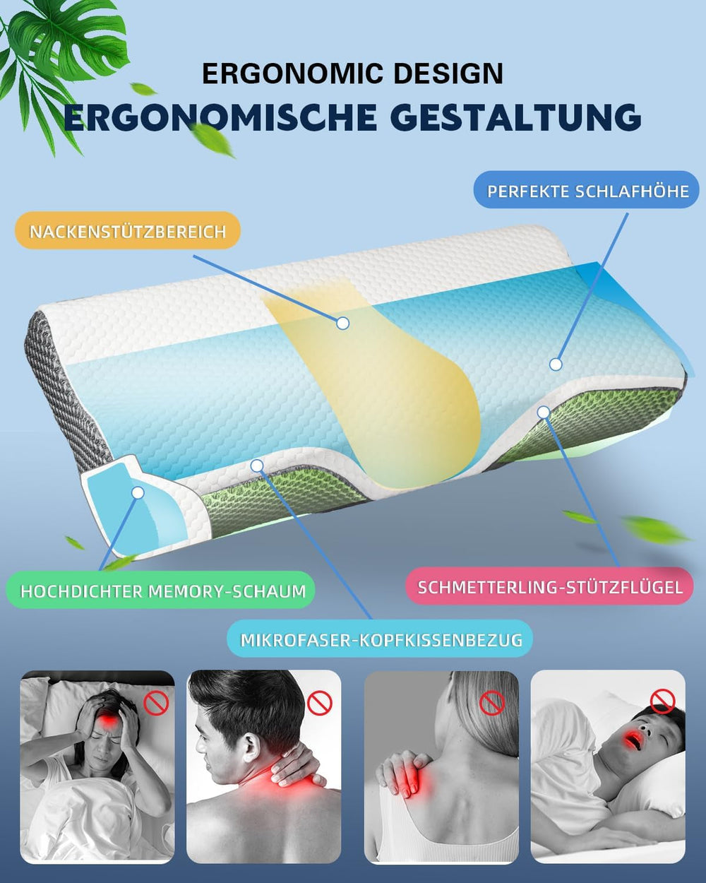 Pernă IDEA, pernă ortopedică ergonomică pentru dureri de gât, pernă din spumă de memorie pentru dormitori laterali, spate și abdominali, pernă anti sforăit pentru bărbați femei (62 * 34,5 * 12/8CM) Perne ortopedice cervicale Naty Shop