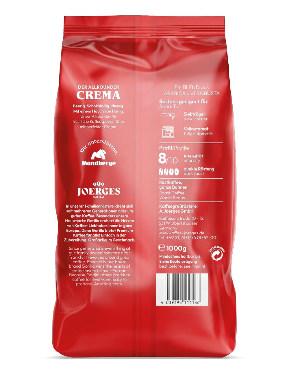 Joerges Super Bar Cream Kaffeebohnen 1 kg Vollmundiger Geschmack, intensives Aroma in jeder Tasse Coffee Naty Shop