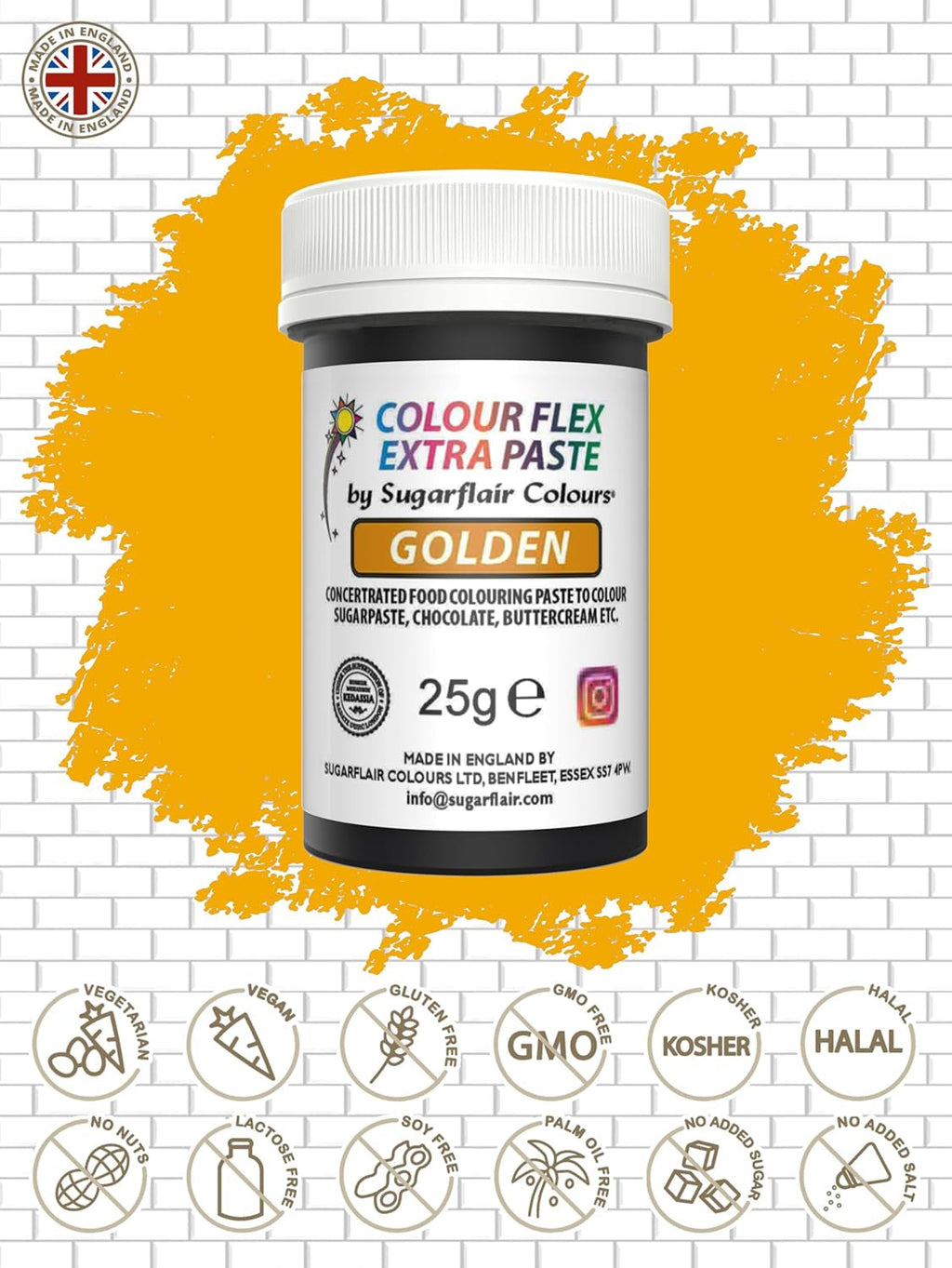 Pastă colorantă alimentară Sugarflair Colourflex Extra Paste Golden - Colorant alimentar comestibil pentru cremă de unt, ciocolată, pastă de zahăr, glazură, fondant, mixuri pentru prăjituri, aluat și multe altele - 25g