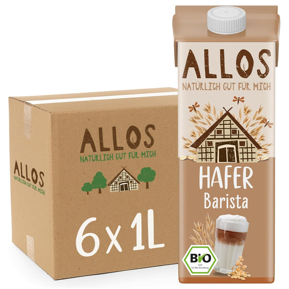 Allos Bio Haferdrink Barista | Milchalternative aus Hafer | Schaumbarer Drink auf Pflanzenbasis | Perfekt zum Kaffee. Veganes, laktosefreies Getränk | 1 Liter (6 Stück)