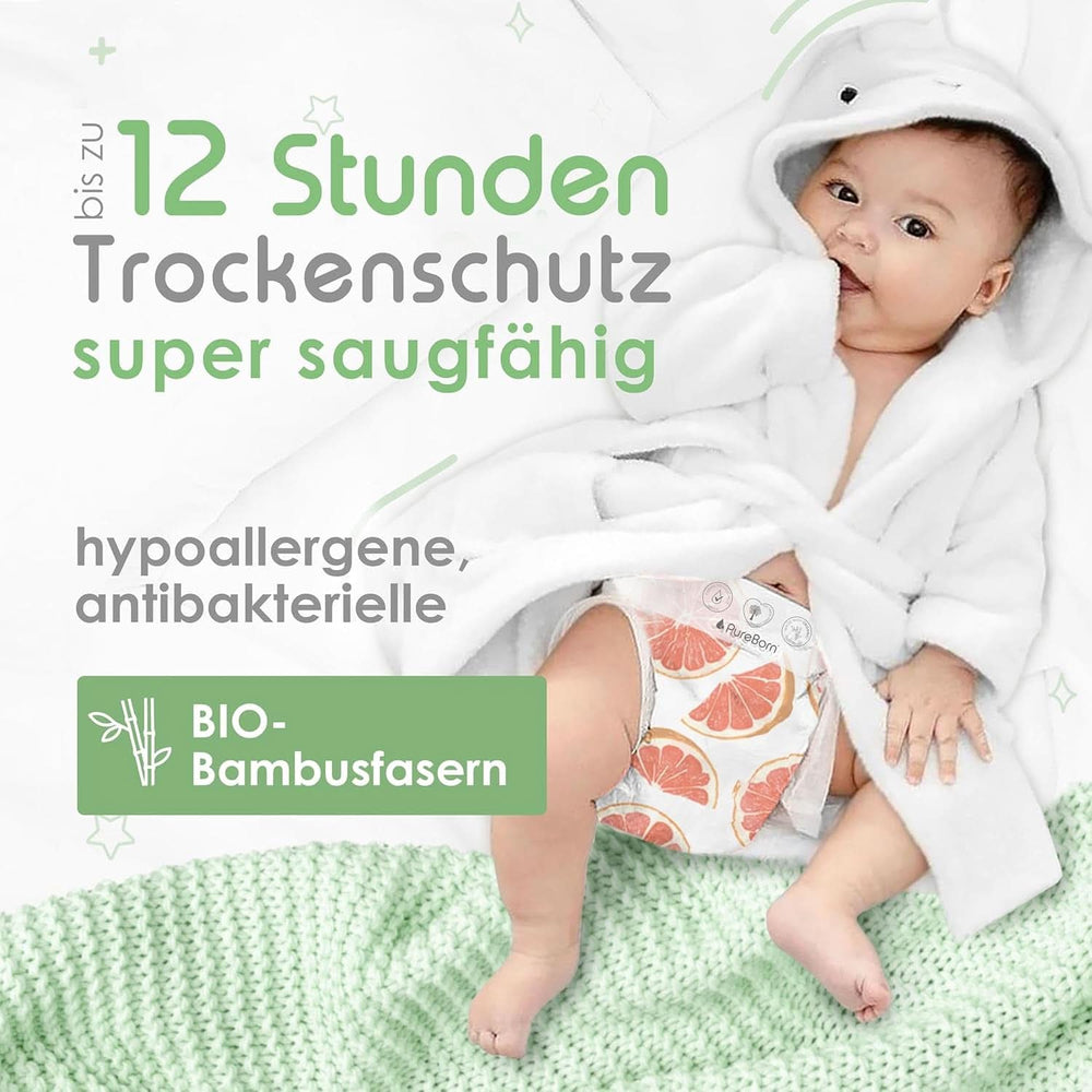 Pureborn Eco Bio-Bambuswindeln, Neugeborenengröße (bis 5 kg), umweltfreundlich, hypoallergen, ultraweich, mit Nässeindikator, verschiedene Aufdrucke Mutter und Baby Naty Shop