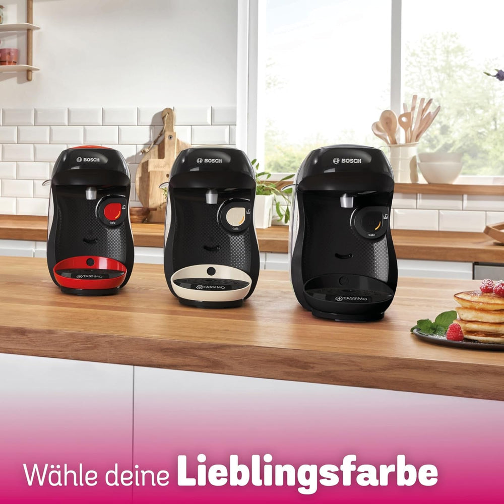 Espressor cu capsule Bosch Tassimo Happy Friendly TAS102E, peste 70 de băuturi, potrivit pentru toate tipurile de cești, oprire automată, sustenabil, dozat perfect, economisește spațiu, 1400 W, negru
