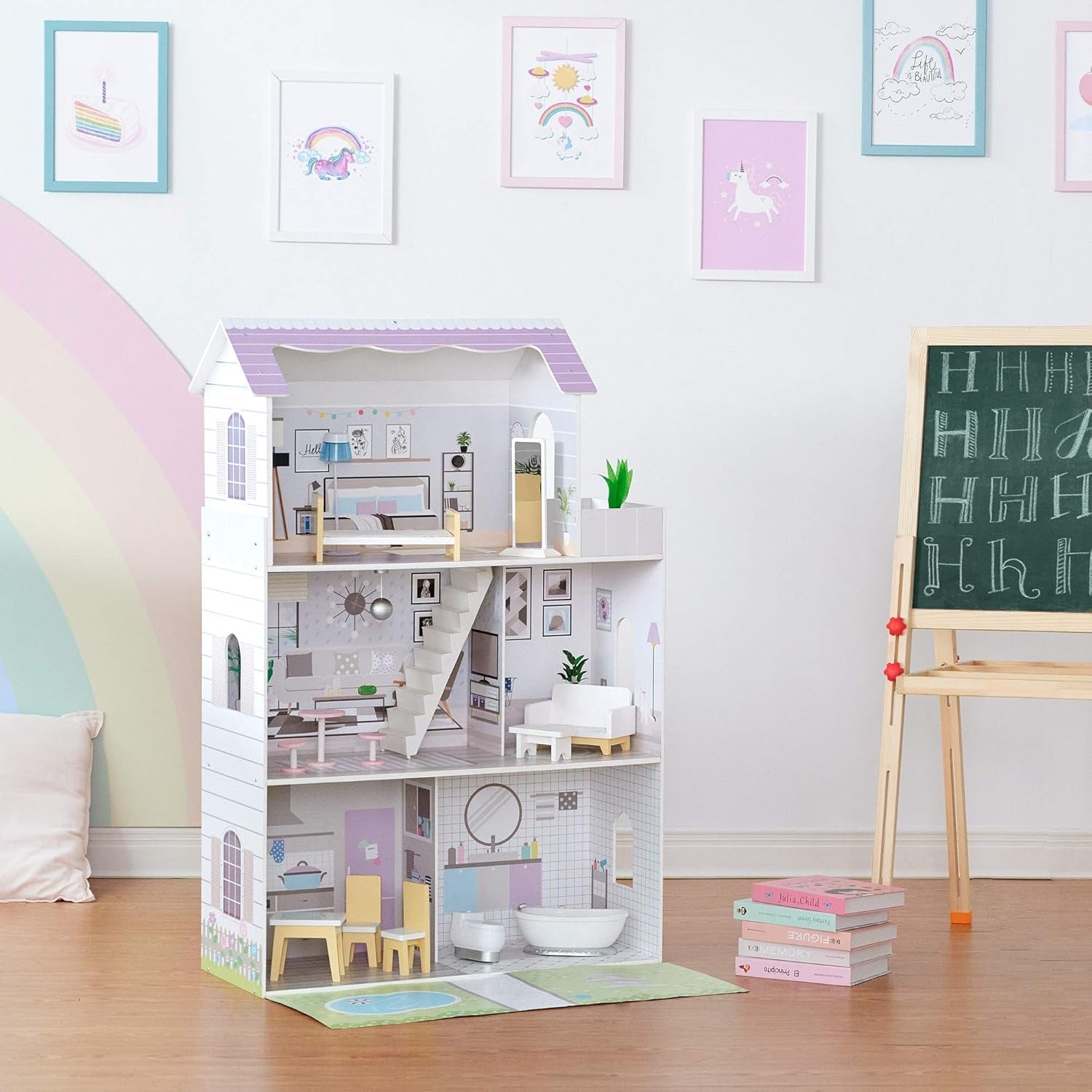 Teamson Kids Olivias Little World Riesenpuppenhaus mit 16 Puppenzubehör, Holzpuppenhaus mit Möbeln, 3-stöckig, Kinderpuppenhaus für 12 Zoll/30 cm Puppen, ab 3 Jahren Naty Shop Puppenhäuser