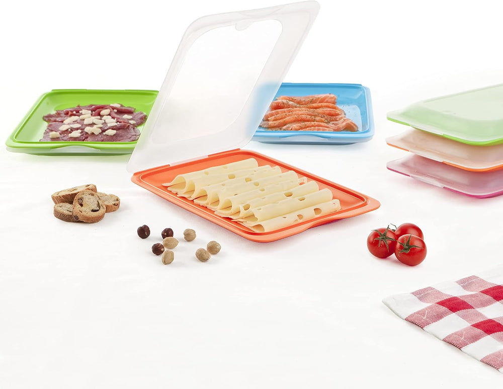 TATAY set de 4 cutii de feliere Fresh, fără BPA, reutilizabile, stivuibile, mașină de spălat vase & MWO, culori aleatorii. Măsuri 17cm x 3.2cm x 25.2cm Cutii depozitare alimente Naty Shop
