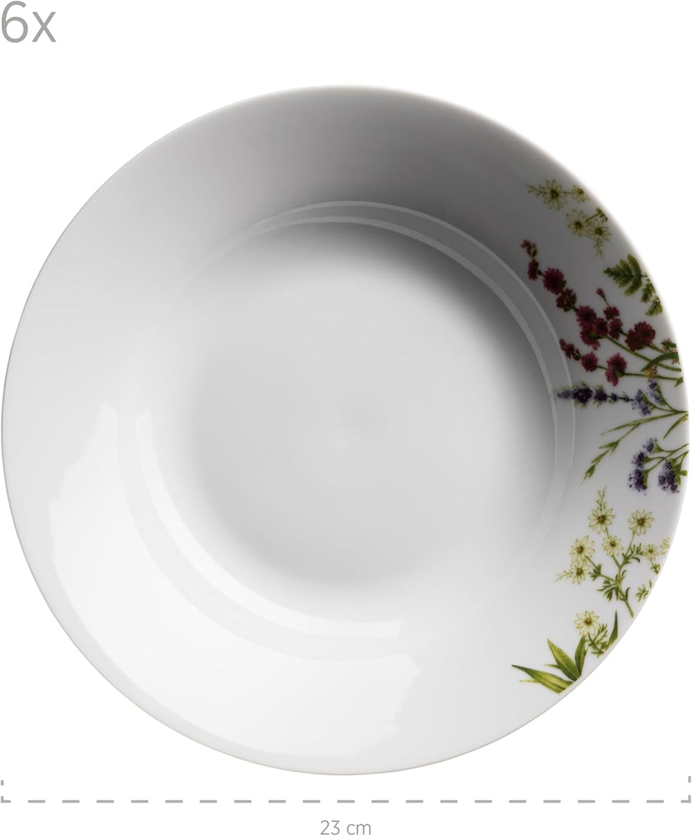 Mäser Herbal Garden, set de veselă pentru 4 persoane, format din 18 piese, cu design floral detaliat, inclusiv farfurii de cină, farfurii de supă și farfurii de desert, porțelan, alb