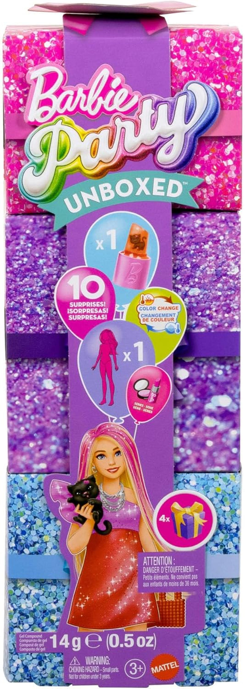 Barbie Party Unboxed Puppe und Accessoires, Glam Party Serie mit 10 Überraschungen, darunter eine rote glitzernde Puppe mit Farbwechseleffekt, JFY68