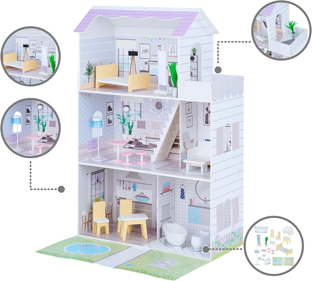 Teamson Kids Olivias Little World Riesenpuppenhaus mit 16 Puppenzubehör, Holzpuppenhaus mit Möbeln, 3-stöckig, Kinderpuppenhaus für 12 Zoll/30 cm Puppen, ab 3 Jahren Naty Shop Puppenhäuser