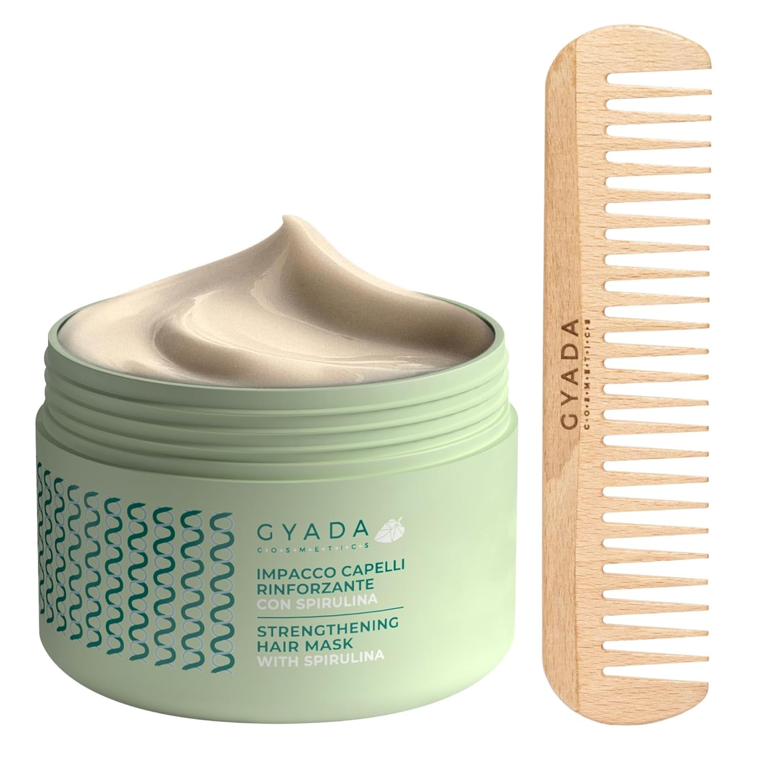 GYADA COSMETICS, Pachet de întărire a părului cu spirulină, hrănitoare, împotriva căderii părului, funcționează sfaturi duble, 250 ml + pieptene din lemn de fag, ideal pentru descurcarea tuturor tipurilor de păr Masca de par Naty Shop Titlu implicit