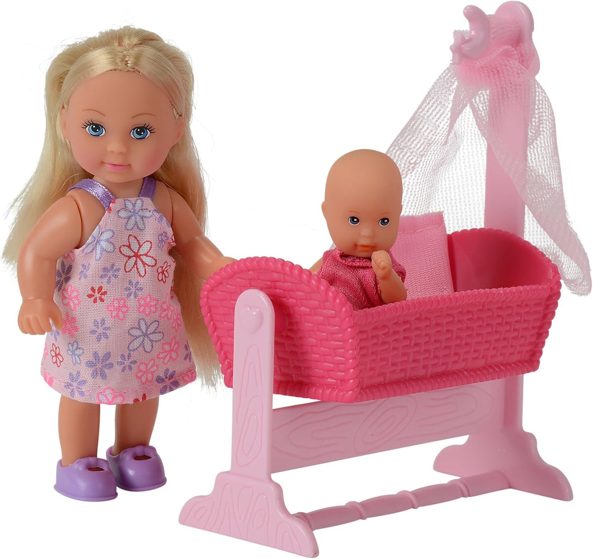 Simba 105736242 - Leagăn pentru păpușă Evi Love, 2 asortate, Evi ca bonă, cu leagăn și bebeluș, păpușă la modă, 12 cm, pentru copii cu vârsta de 3 ani și peste