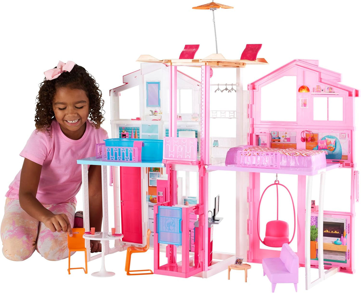 Casă de vis Barbie, Casă de oraș cu 3 etaje și 5 camere, inclusiv accesorii precum mobilier, pliabilă și depozitabilă, jucărie pentru vârste de 3 ani și peste, DLY32