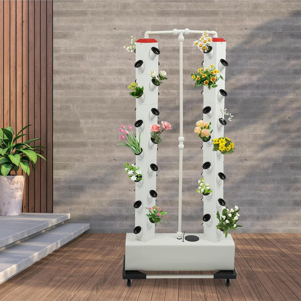 Sistem hidroponic cu 56 de găuri, 7 niveluri, sistem de creștere fără sol, kit de creștere, turn aeroponic, sistem de creștere hidroponic cu pompă de hidratare, temporizator, adaptor, pat germinativ și ghivece cu plasă