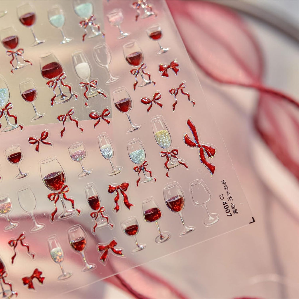 JMEOWIO 3D Nagelsticker Roter Kelch Mit Schleife Nail Art Sticker Selbstklebend Nagelaufkleber 5D Stereoskopisch Dekoration Nageldesign Zubehör 1 Blatt