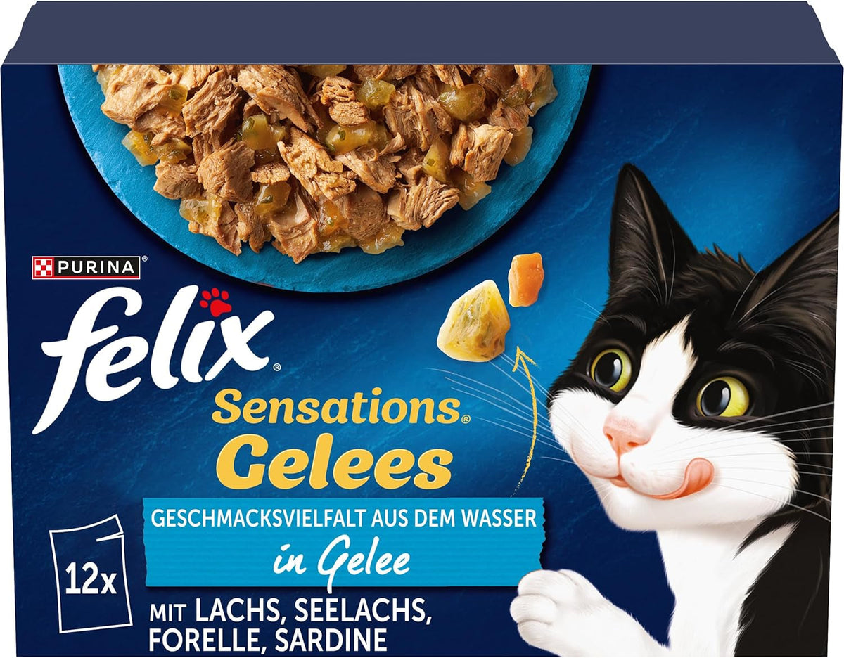 Felix Sensations Hrană umedă pentru pisici în jeleu, mix variat de pește, pachet de 6 (6 x 12 pliculețe a câte 85 g fiecare)