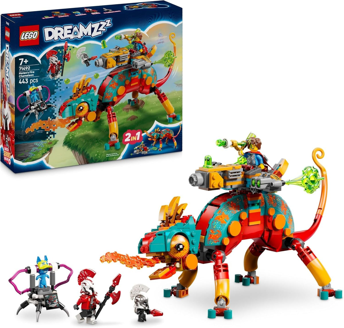LEGO DREAMZzz Mateos Feuer-Chamäleon - Tierfigur, die Sich in EIN Spielzeug Jet & Mech oder einen Wächter verwandelt - Bauset für Mädchen und Jungen ab 7 Jahren inkl. 2 Minifiguren - Geschenk 71492