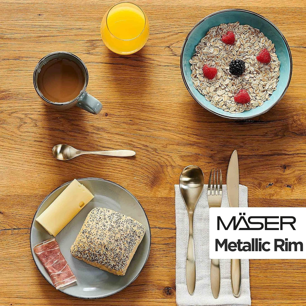 MÄSER Metallic Rim, Modernes Geschirr Set Für 4 Personen Mit Messingfarbenem Rand, 16-Teiliges Kombiservice Mit Randlosen Coupe-Formen, Steinzeug, Grau Tableware Sets Naty Shop