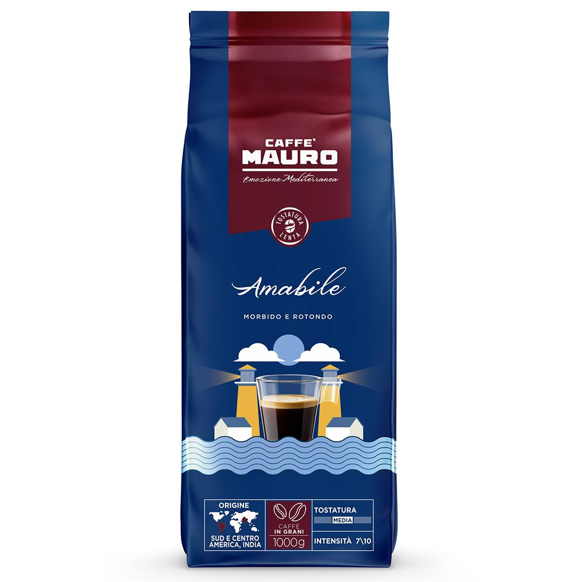 Caffè Mauro – Kaffeebohnen – 1 kg – Avvolgente-Mischung – mittlere Röstung – Intensität 8/10 – hergestellt in Italien. Kaffee Naty Shop Amabile Mischung