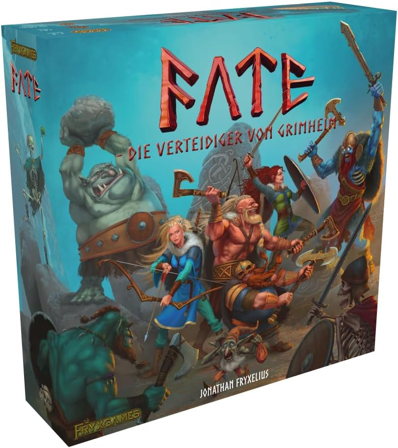 Fate: Defenders of Grimhelm, ELSNER Games, kooperatives Fantasy-Brettspiel, Tower-Defense-Strategie, 1-4 Spieler, ab 14 Jahren, episches Abenteuer, Helden und Magie, Taktikspiel, FryxGames