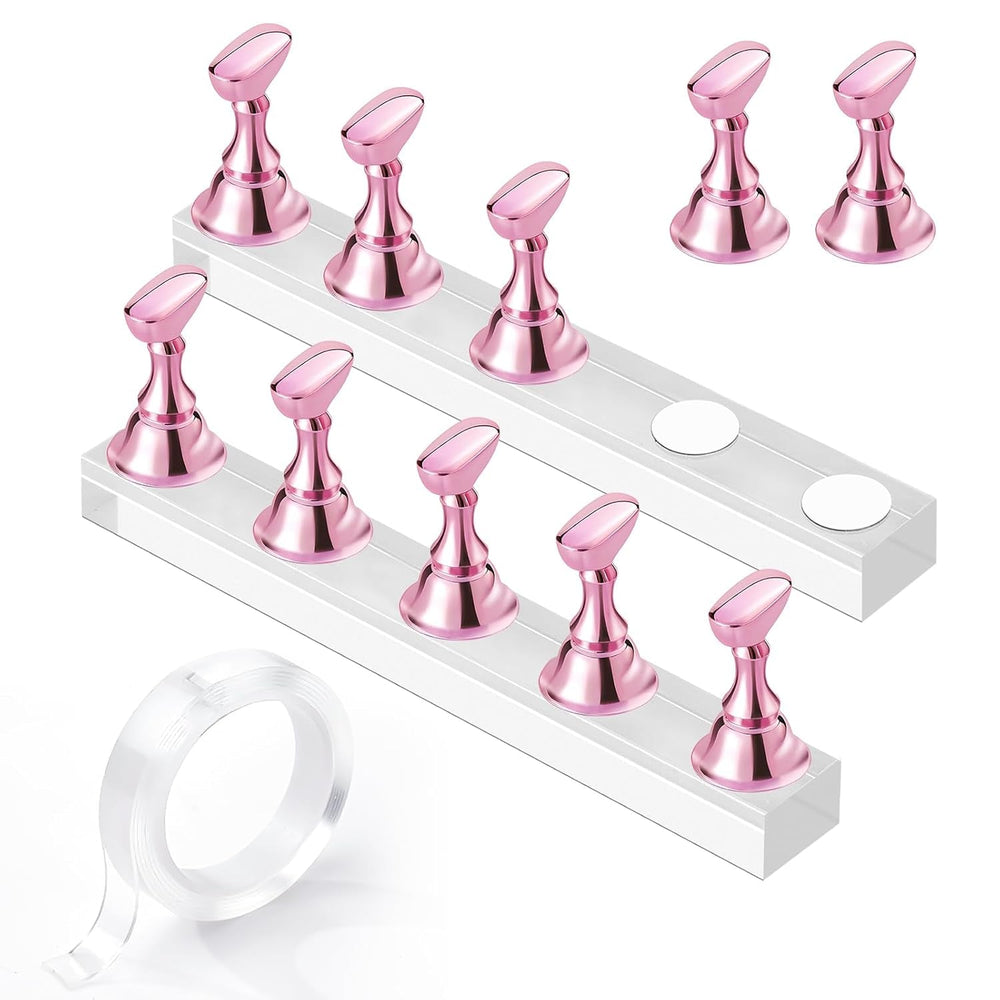 Suport acrilic pentru unghii Makartt, suport pentru unghii magnetic, suport pentru unghii, suport pentru unghii roz transparent, cu 48 de chit adeziv