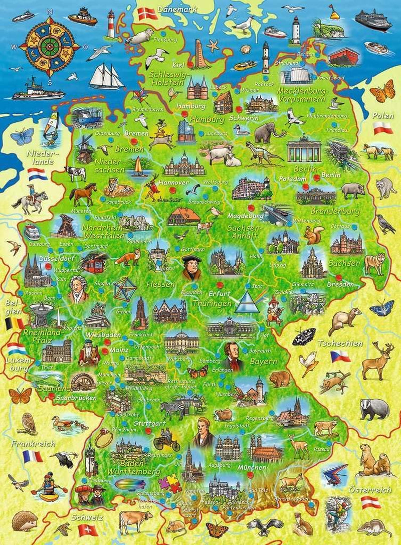 Puzzle pentru copii Ravensburger - Harta colorată a Germaniei - puzzle de 200 de piese pentru copii cu vârsta de 8 ani și peste Puzzle Naty Shop