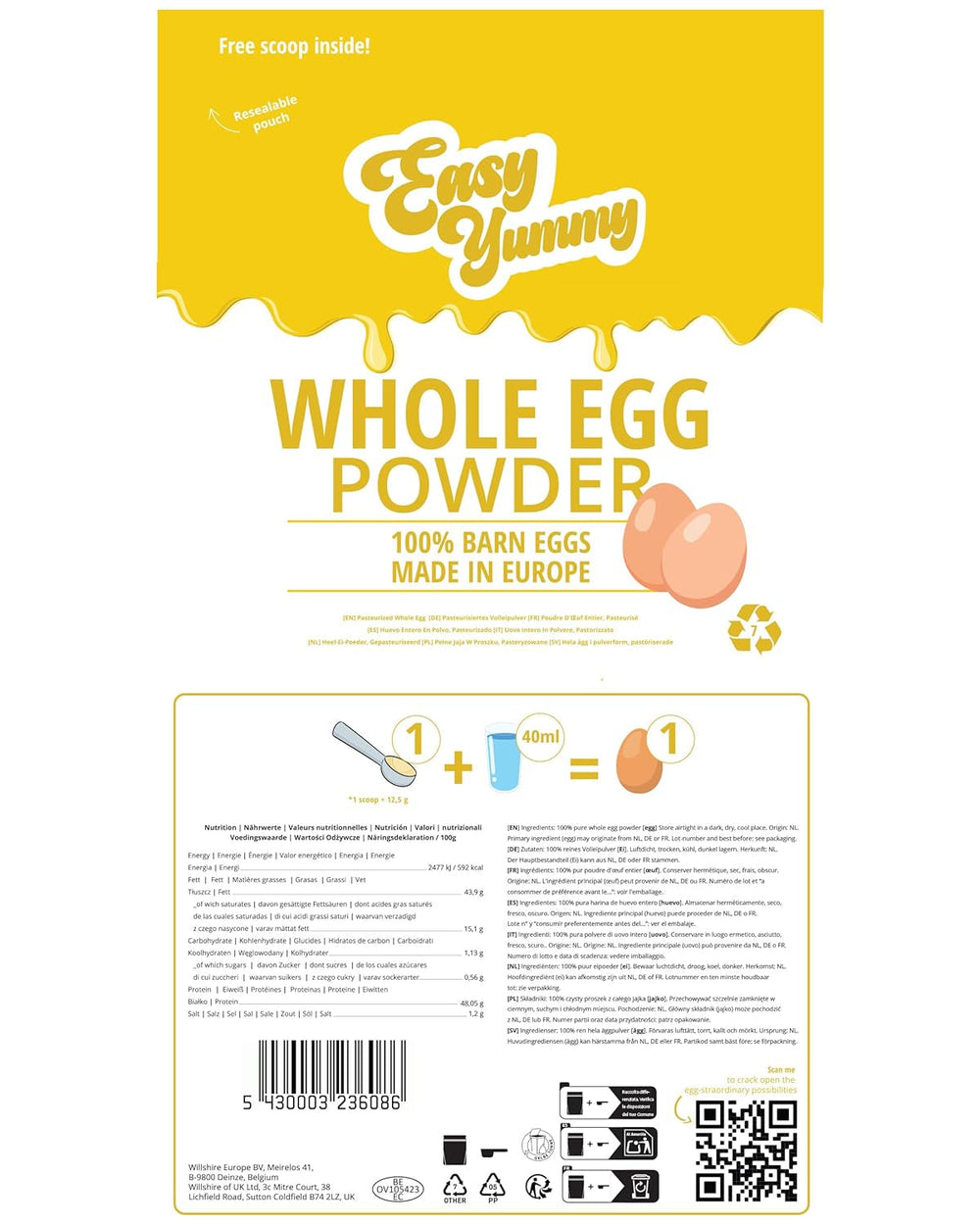 EASY YUMMY - Vollei-Eipulver (1000g = 80 Eier) aus Regionalen Niederländischen Freiland-Eiern | mit 1-Ei-Messlöffel | Wiederverschließbarer Beutel, lange Haltbarkeit | Rührei, Kochen, Backen | 100% Ei