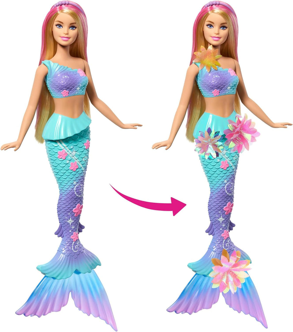 Barbie Meerjungfrauen-Spielzeugpuppe mit magischer Überraschungsblüte, Schwanzflosse mit Farbverlauf, perlenbesetztem Haarreif und langem blonden Haar mit rosa Strähchen, JDM72