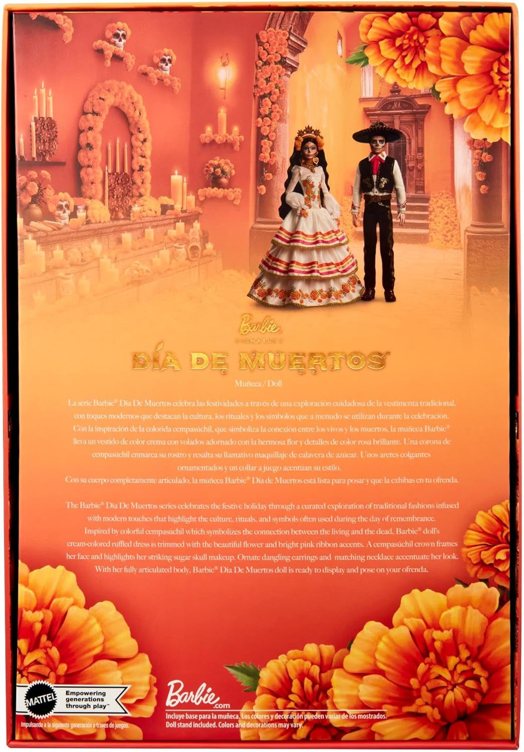 Păpușa Barbie Signature, Ziua Morților 2025, figurină de colecție cu rochie crem cu volane, flori de gălbenele și funde, coroană de flori în păr și vopsea facială Calavera, JBJ05