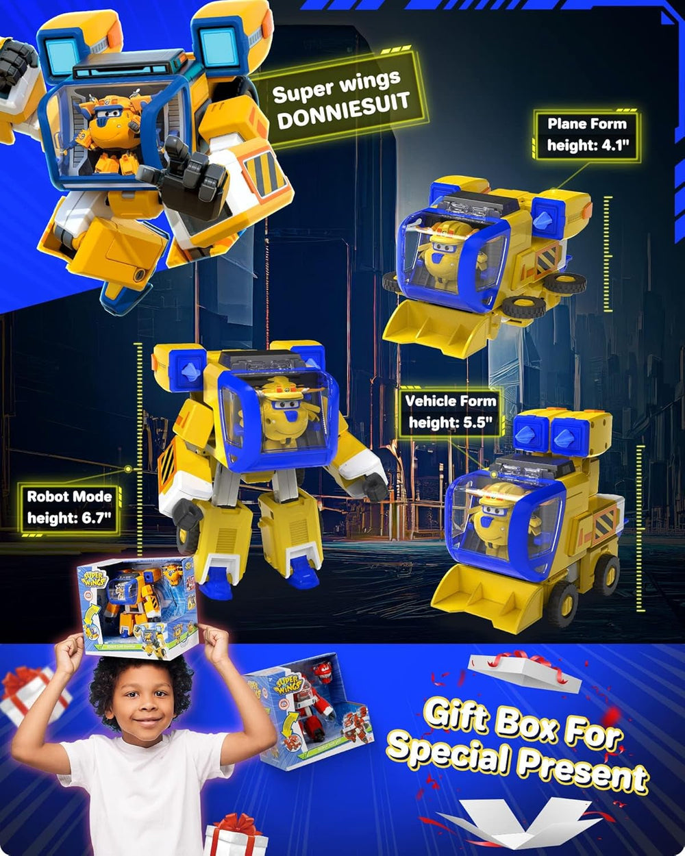 Super Wings EU750322 – Transformierender neuer Roboteranzug Donnie, ca. 23 cm große Actionfigur für Kinder, verwandelbares Spielzeugflugzeug und Roboter-Actionfigur, gelbe Actionfiguren, Naty Shop