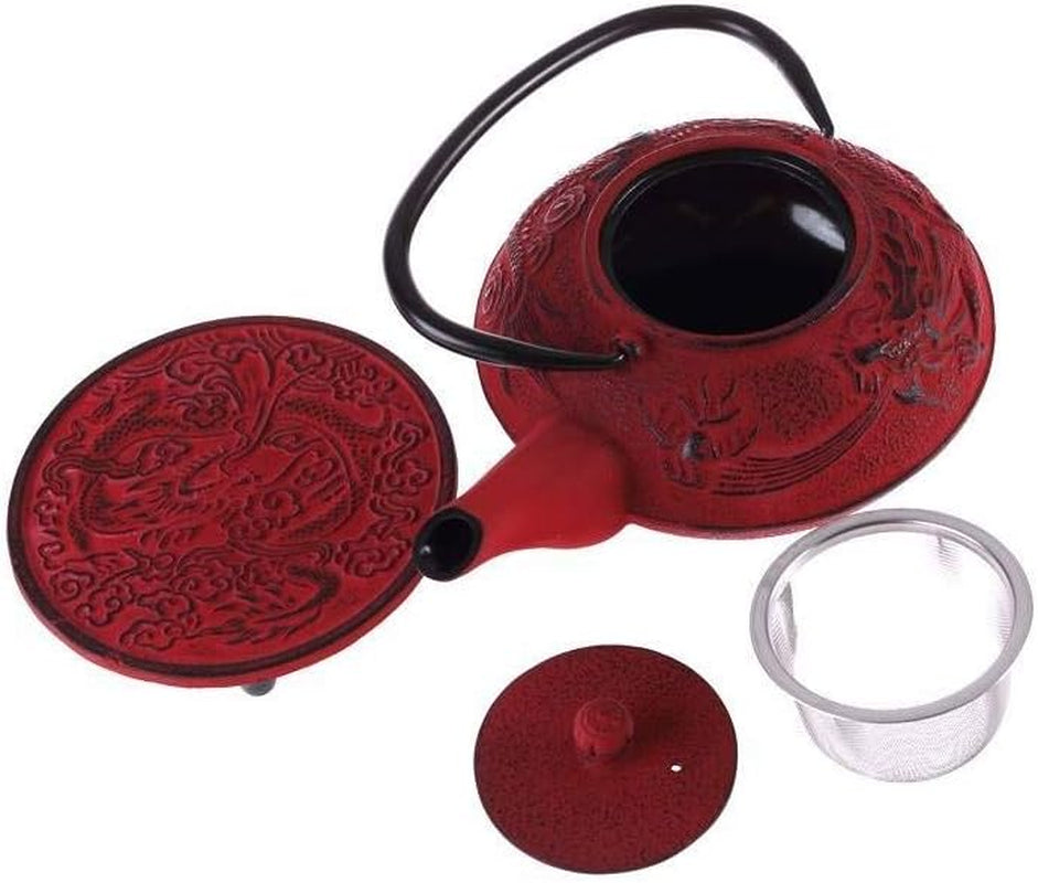 – Set de ceai Dragon Chinezesc – 1 ceainic, 4 cești din fontă și strecurătoare pentru ceai – Capacitate 0,8 l – Decor Japonez Asiatic – Idee de cadou pentru veselă japoneză – Culoare Roșu