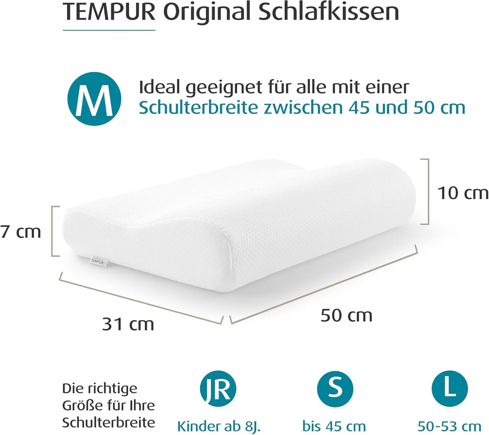 TEMPUR Original Sleeping Pillow Memory Foam, Pernă ergonomică de susținere a gâtului pentru cei care dorm lateral și pe spate, Fermă, M (50 X 31 X 10/7 Cm), Alb Perne ortopedice cervicale Naty Shop