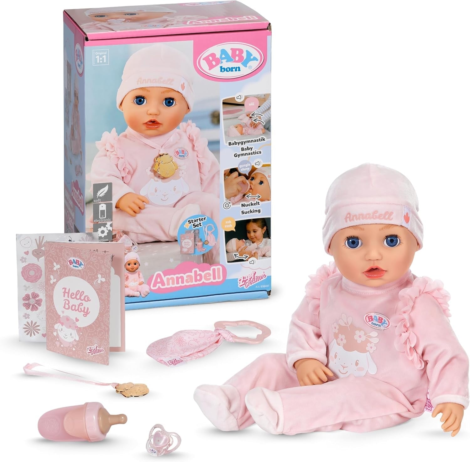 BABY Born Annabell 43 cm - Weiche Babypuppe mit 7 elektronischen Funktionen & Sound - Geeignet für Kinder ab 3 Jahren - Puppe inkl. Zubehör - Benötigt Batterien