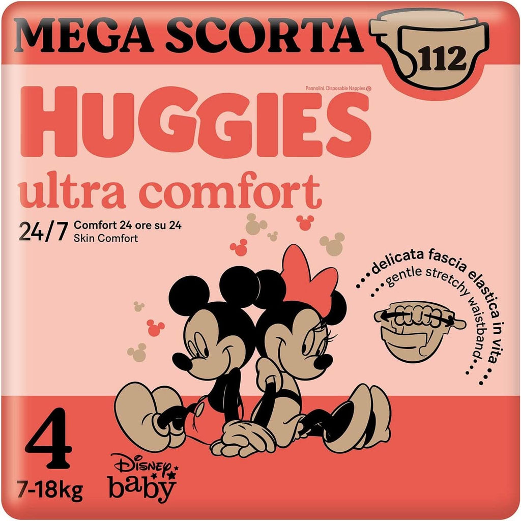 Huggies Ultra Comfort, scutece mărimea 4 (7-18 kg), design Disney, pachet de depozitare Mama si Copilul Naty Shop 4 (pachet de 112)