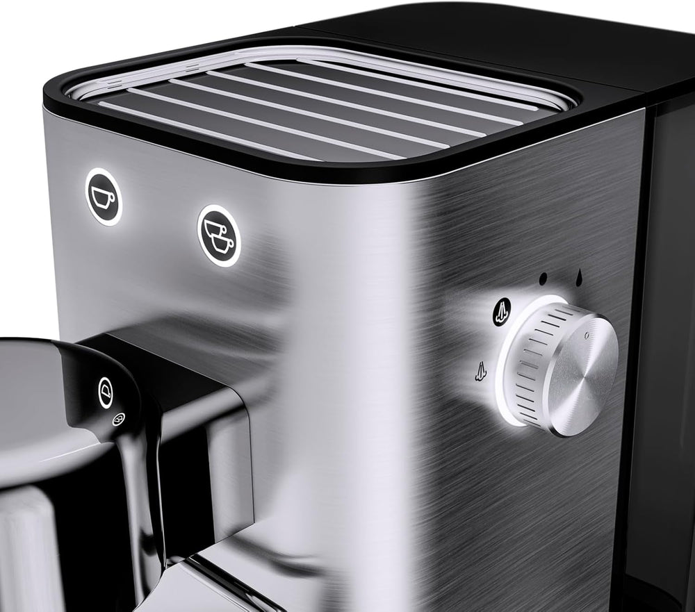 Espressor WMF Lumero, portafiltru, 1400 wați, portafiltru, 3 inserții, pentru 1-2 cești de espresso, inclusiv pentru capsule, 15 bar, suport pentru cești, spumator de lapte, oțel inoxidabil mat