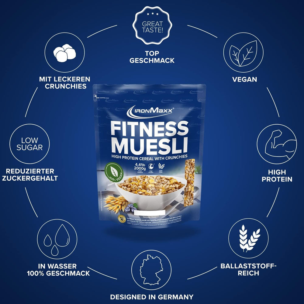 IronMaxx Fitness Muesli - Cookies & Cream, pungă de 2 kg | Muesli vegan bogat în proteine cu conținut crocant | Conținut redus de zahăr și bogat în fibre