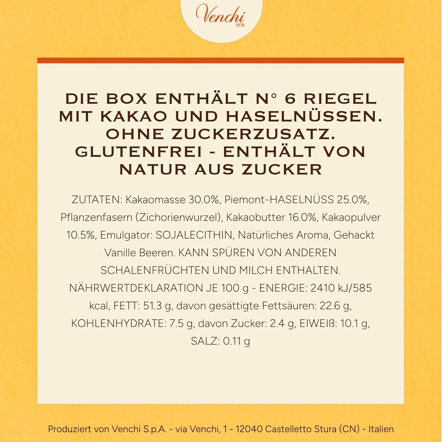 Venchi – Pachet de 6 batoane de ciocolată neagră cu alune de pădure, 600g – Fără zahăr adăugat – Fără îndulcitori artificiali – Fără gluten – Vegan – Idee de cadou