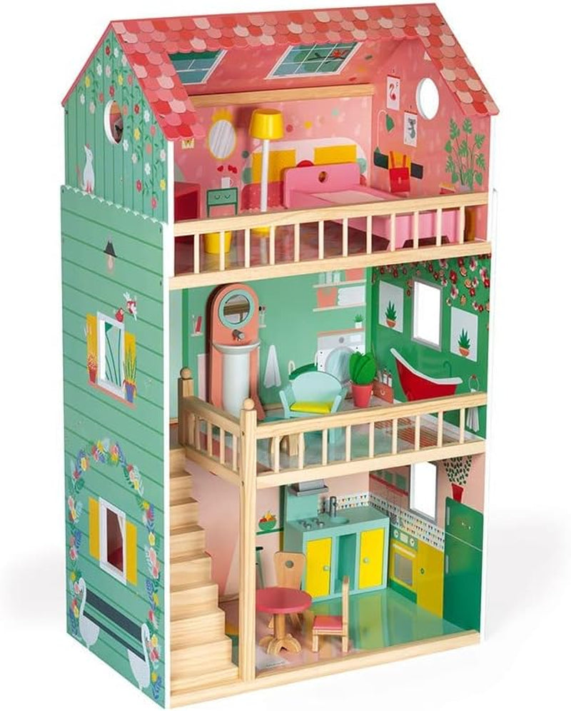 Janod - Mademoiselle Puppenhaus aus Holz, 3 Etagen und 11 Zubehörteile, Nachbildung eines Spielzeugs, fördert die Fantasie ab 3 Jahren J06581 Pink Naty Shop Puppenhäuser Ein glücklicher Tag