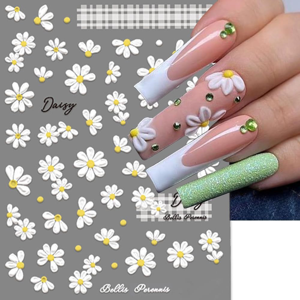 5D în relief alb margarete autocolante unghii flori autocolante unghii flori folie autoadezive autocolante unghii arta autocolante unghii margarete decorare unghii accesorii design flori autocolante unghii arta