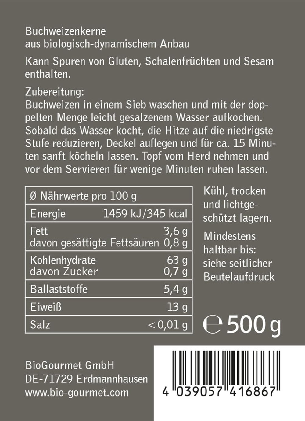 Buchweizen BioGourmet Demeter – 500g Beutel | Glutenfrei, ballaststoffreich und regional | Aus deutschem Bio-Anbau (Baden-Württemberg/Bayern) | Ideal für Müsli, Salate und Beilagen