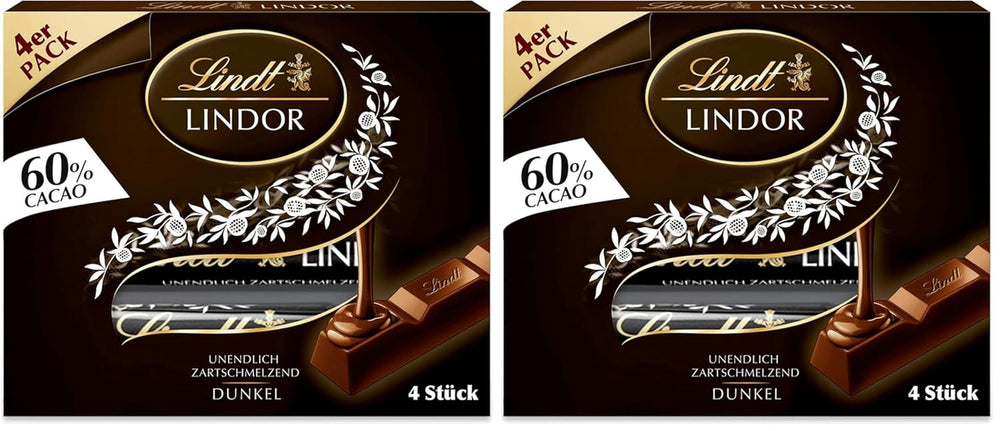 Lindt Ciocolată | Bețișoare LINDOR 60% Cacao | 100g | 4 bețișoare de ciocolată cu ciocolată neagră 60% cacao și umplutură care se topește în gură | Bețișor de ciocolată