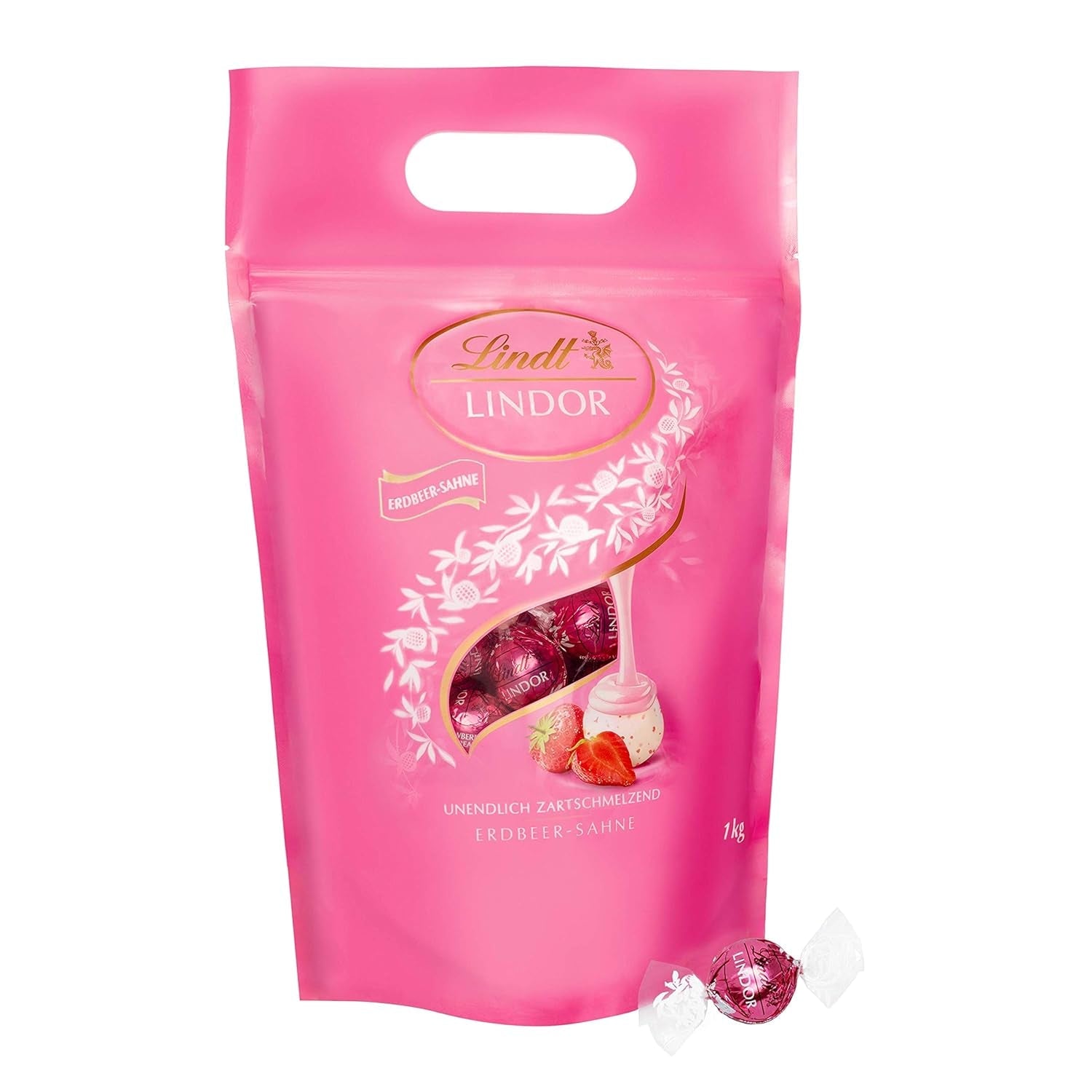 Bile de ciocolată extra neagră Lindt LINDOR și biluțe de ciocolată cu cremă de căpșuni LINDOR | pungă resigilabilă de 1 kg | aprox. 80 de biluțe de ciocolată albă cu cremă de căpșuni