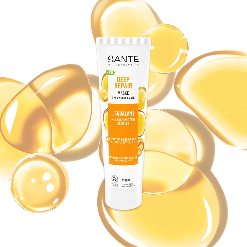 SANTE Natural Cosmetics Deep Repair Mask Squalane + complex proteic de 3 ori, mască de păr vegană pentru hidratare intensă și păr flexibil, repară și regenerează părul deteriorat, 150 ml Masca de par Naty Shop