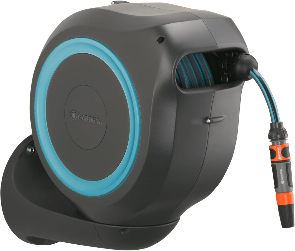 Cutie de furtun de perete Gardena RollUp M (turcoaz) 20m: Irigații flexibile pentru grădini de dimensiuni medii, tambur de furtun rotativ, cu suport de perete, componente ale sistemului și duză de pulverizare, inclusiv furtun de 20m (18610-20)