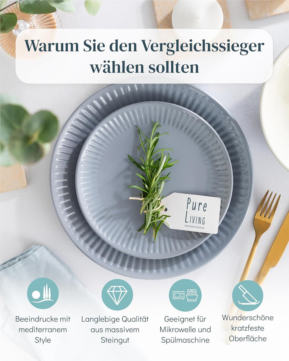 Set de veselă din gresie pentru 6 persoane, Hygge, 24 de piese. CÂȘTIGĂTOR AL TESTULUI, Set de veselă din gresie scandinavă Dreamy, set de boluri și farfurii, serviciu de cină pentru 6 persoane, seturi de veselă Pure Living în gri-albastru